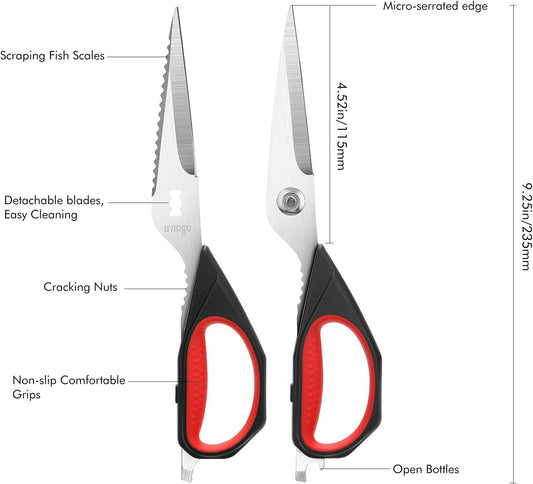 LIVINGO Kitchen Scissors, 2 Pack 9.25" Utility All Purpose Poultry Shears Heavy Duty Dishwasher Safe, Come Apart Sharp Stainless Steel Cooking Food Scissors for Cutting Meat, Chicken, Vegetable, Fish