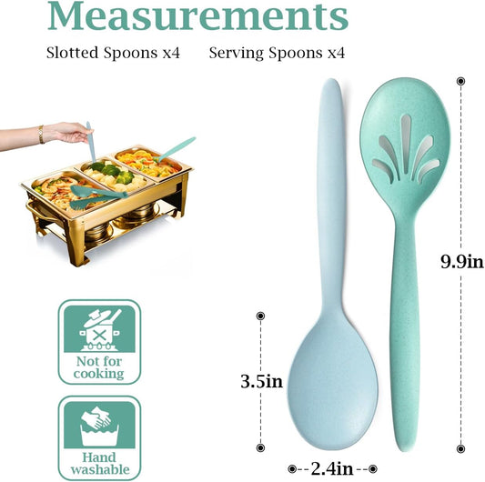 8 Pack 10" Large Reusable Plastic Wheat Straw Serving Spoon Set, 4 Serving Spoons & 4 Slotted Spoons, Kitchen Mixing Serving Spoon for Buffet Chafing Dish Catering (Ocean, Not for Cooking)