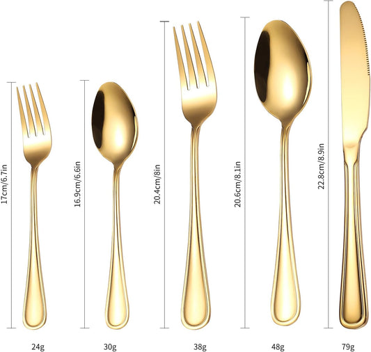 Gold Silverware Flatware Set for 4 Person Luxury Stainless Steel Cutlery 20 Pieces Forks Knives Spoons Modern Eating Utensils Double Line Edges Handle