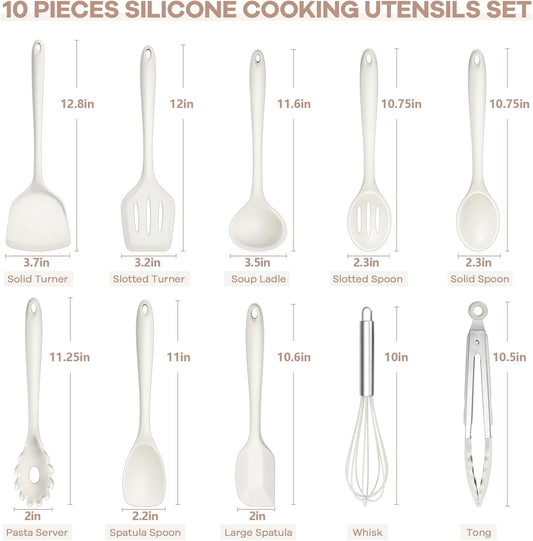 TeamFar Kitchen Cooking Utensils, 10 pcs Silicone Cooking Utensils Set, 446°F Heat Resistant Kitchen Gadgets Tools Set w/Spatula, Turners, Spoons, Soup Ladle, Pasta Server for Nonstick Cookware, White