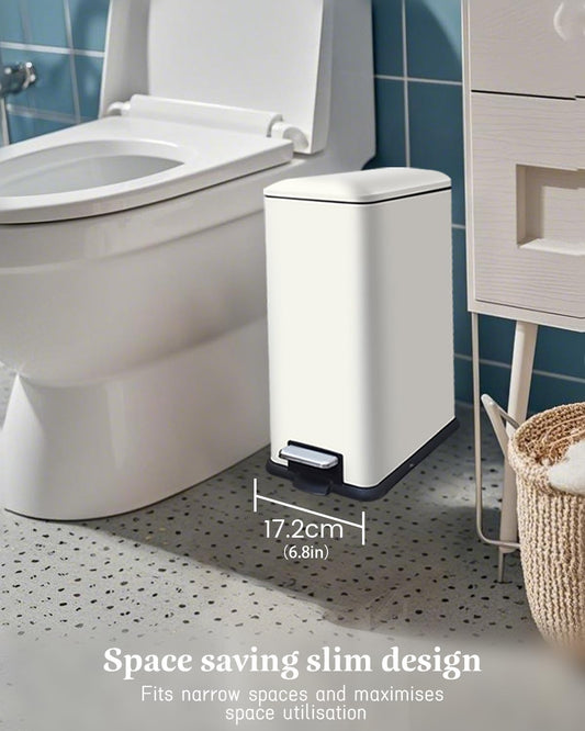 Trash Can with Lid, 10L Bathroom Waste Bin, Small Pedal Bin, Stainless Steel Garbage Can for Bathroom, Bedroom and Office, White