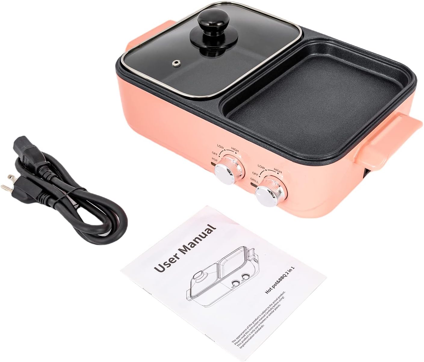Hot Pot with Grill, Electric Hot Pot and Frying Pan, Shabu Shabu Pot with Grill, 2 in 1 Indoor NonStick Shabu Shabu Pot and Griddle, Dual Temperature Control, Fast Heating (Pink)