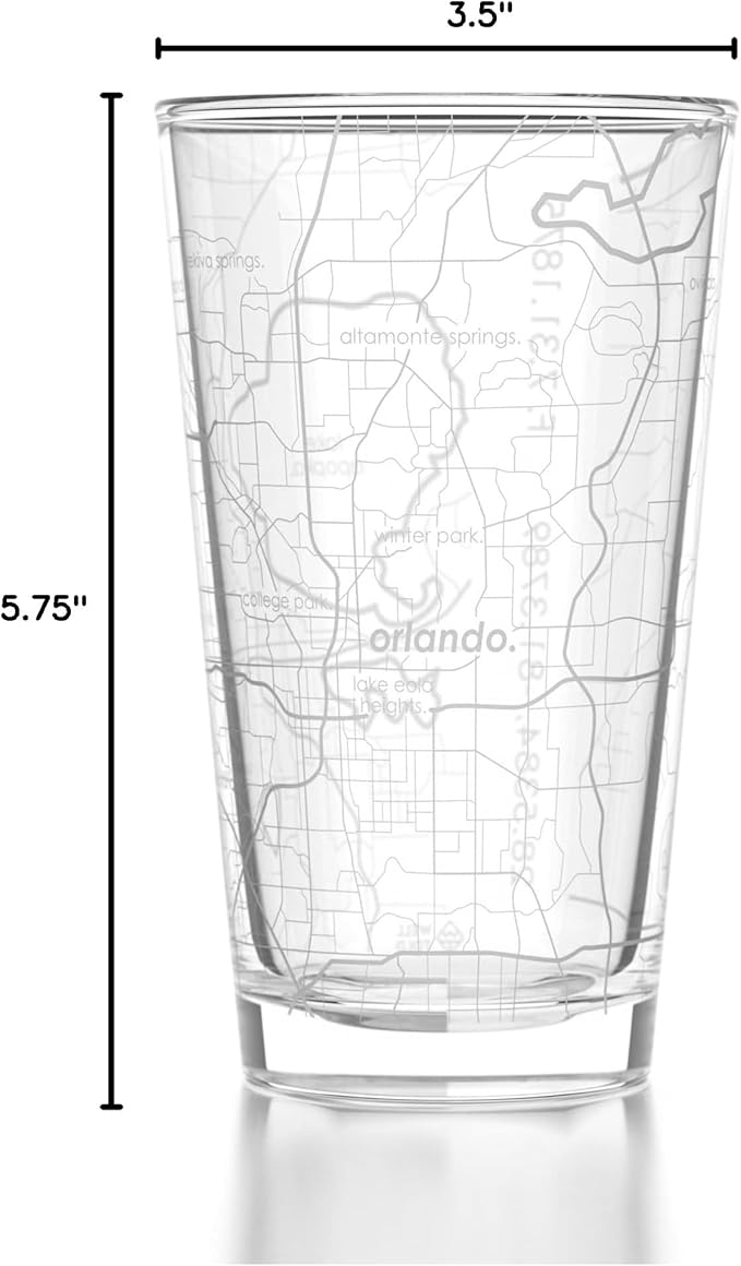 Well Told Engraved Orlando Florida Map Pint Glass, Etched Beer Gift (16 oz, Clear) City Map Pint, Custom City Glassware, Gifts For Beer Lovers