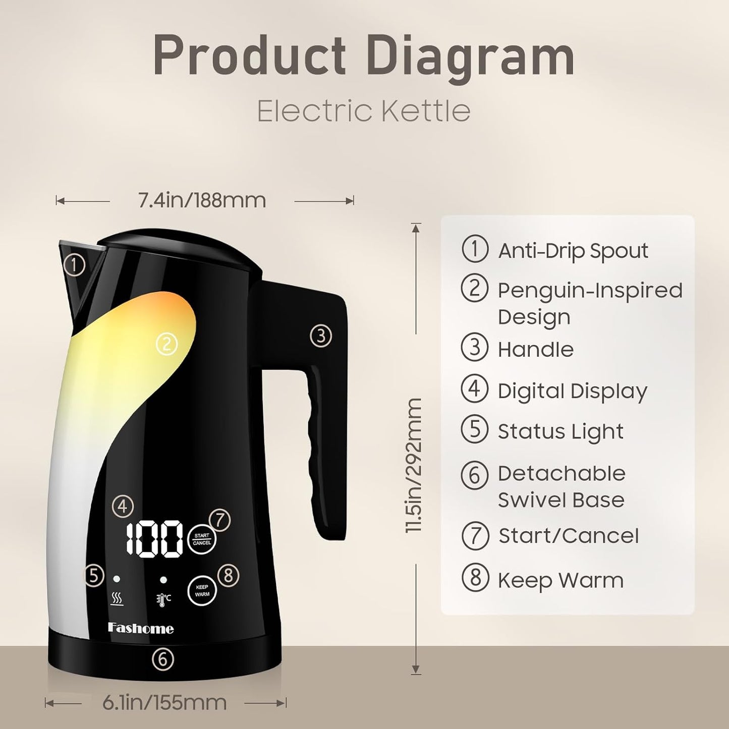 1.25L Cute Penguin Electric Kettle with Temperature Control,2H Keep Warm, Double Wall Cool-Touch,1200W Quiet Boil,BPA-Free,Cordless - Electric Tea Kettle for Home,Office, Kids (Black)