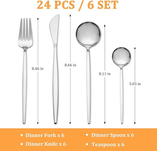 Meraki 24 Flatware Set Silverware Stainless Steel Flatware Utensils Cutlery Set Including Steak Knife Fork and Spoon for Home, Kitchen and Restaurant, Dishwasher Safe