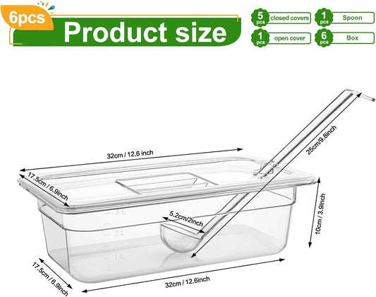 6 Pack Plastic Food Pans with Lids, 1/3 Size 4'' Deep Clear Commercial Stackable Polycarbonate Pans Hotel Food Storage Pan with 1 Pcs Spoon for Fruits Vegetables