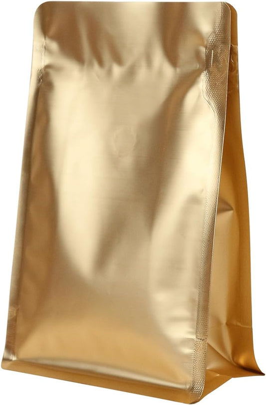 150 Pack High Barrier Stand-Up Coffee Bean Bags with Vented Valve, Matte Metallic, Heat-Sealable and Resealable Solid Color Pouches for Food Storage (6 * 12.8 inch,2 lb,32 oz,Golden)