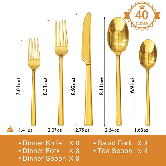 KINGSTONE Gold Silverware Set, 40-Piece Forged Flatware Set Cutlery Set Premium Stainless Steel, Service for 8, for Kitchen, Home, Wedding, Party, Mirror Polished Dishwasher Safe