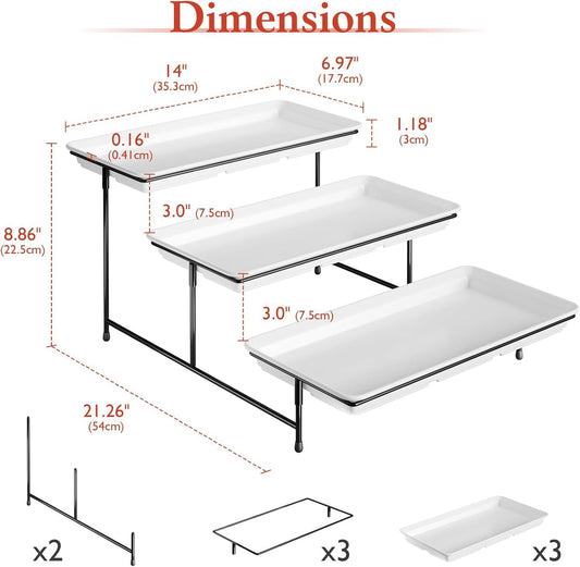 3-Tier Melamine Serving Tray Set, 14"x7" Platters for Serving Food, White Reusable Trays with Black Metal Display Stand for Cupcakes, Sevring Food, Dessert, Fruit, Cookie, Black