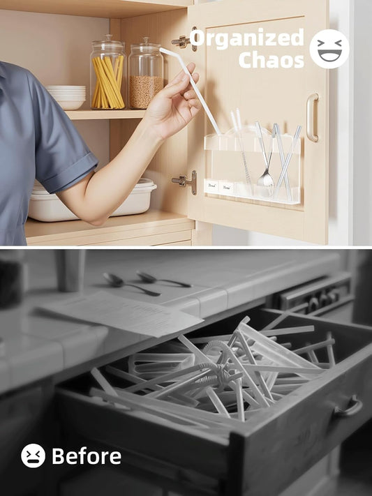 9.8" Acrylic Straw Holder for Cabinet Door - Straw Organizer with Ultra-Sticky Adhesive, Kitchen & RV Essensials, 5-Compartment Storage for Reusable Straws & Brushes, Colored Pencils, Markers