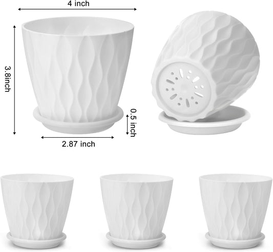 4 inch Plant Pots, 5 Pack Flower Pots Outdoor Indoor, Planters with Drainage Holes and Tray Saucers(White)