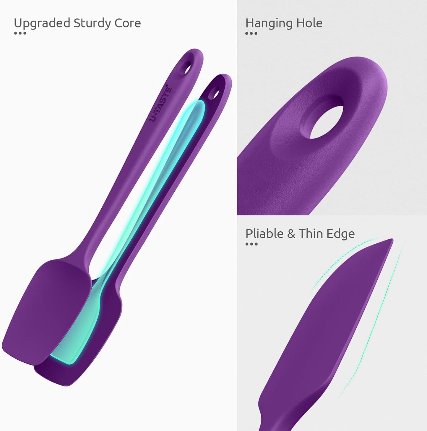 U-Taste Flat Spatula & Spoon Spatula: 11.38in 600ºF Heat Resistant Silicone Bowl Scraper, Flexible Rubber Kitchen Cooking Mixing Utensil with Upgraded Non-Stick Surface (Set of 2, Purple)