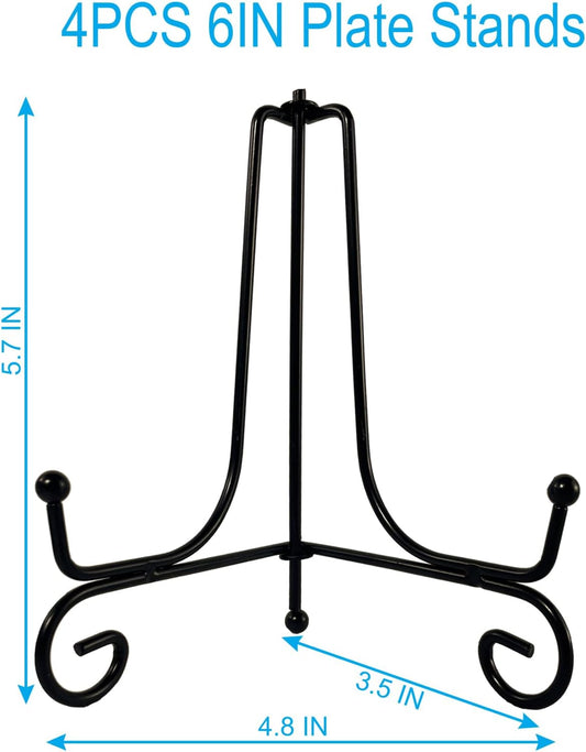 4PCS Premium Black Iron Plate Stands for Display 6 Inch, Decorative Solid Metal Plate Holders for Displaying, Mini Easel, Frame, Book, Card, Plaque, Bowl, Picture Stands for Display