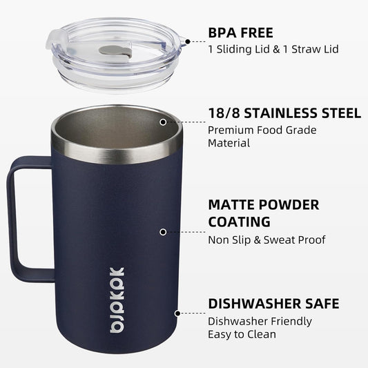 BJPKPK Insulated Coffee Mug with 2 Lids, 25oz Stainless Steel Insulated Tumbler with Handle, Double Wall Vacuum Coffee Cups, BPA Free Travel Mug for Coffee, Tea and Drinks, Navy Blue