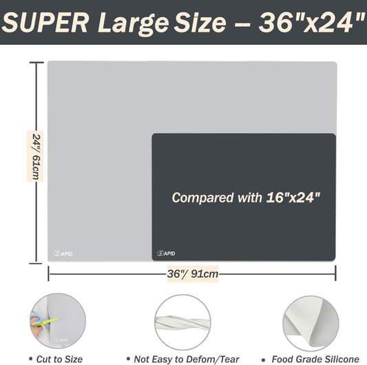 Extra Large Silicone Mat 36" x 24" Place Mats, Heat Resistant Mat for Kitchen Countertop Protector, Thick Placemats Washable Silicone Mats for Kitchen Counter Mat Dining Table Mat, Grey, Sapid