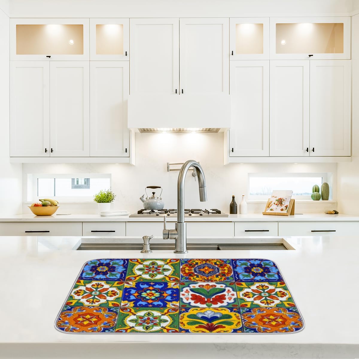 Dish Drying Mats for Kitchen - Super Absorbent Dish Dryer Mat for Countertops Microfiber Dishes Drainer Pad Hide Stain Draining Rack Mat Gadgets for Easy Clean Multi-Use 16"x18" (Mexican Tiles, S)