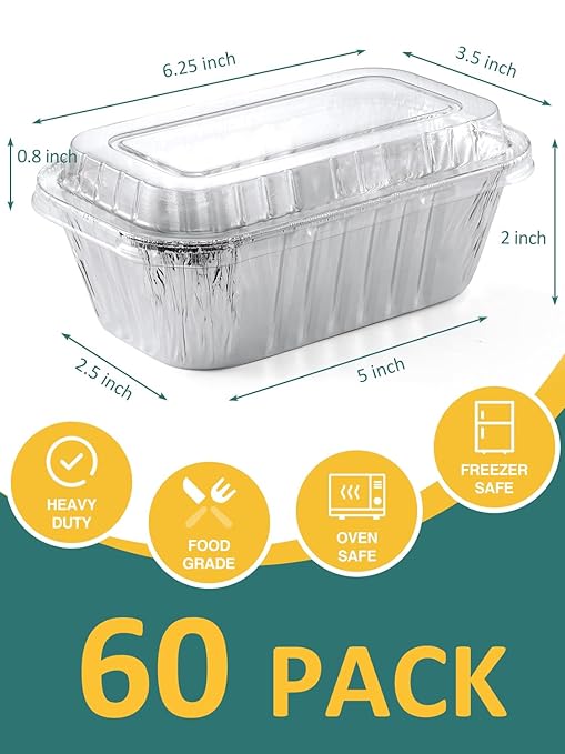 60 Pack 6x3.5x2 Disposable Aluminum Loaf Pans with Lids Small-Aluminum-Foil-Pans-Tin-Foil-Baking-Pans-Tin-Trays-Food-Containers-for-Baking-Cakes-Bread-Meat-Loaves