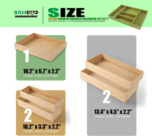 Stack Bamboo Drawer Organizer Set of 5, Kitchen Utensil, Flatware&Silverware Organizer-Wood Laminated Stackable for Kitchen, Bedroom, 13.4''x4.5''*2+10.2''x3.3''*2+10.2''x6.7''*1