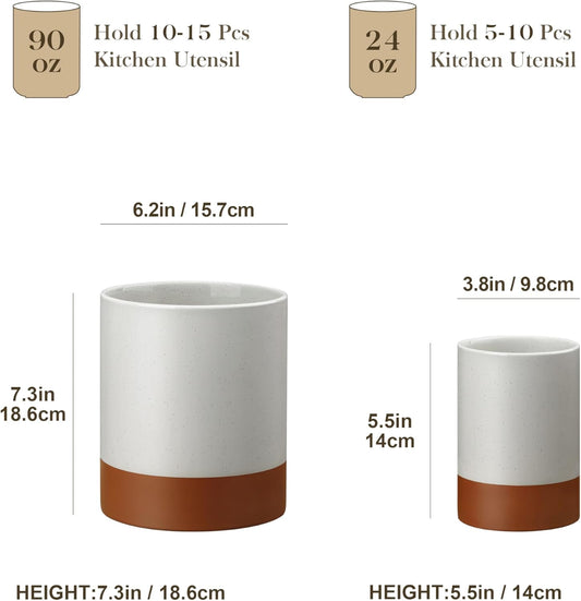 MALACASA Utensil Holder, 7.3"+5.5" Ceramic Kitchen Utensil Holder for Countertop, Large Cooking Utensil Crocks for Kitchen Counter, Farmhouse Utensils Organizer, Set of 2, Khaki Gray, Series TARA