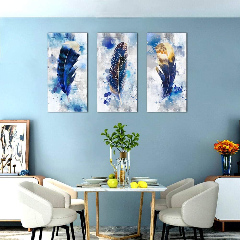 Pogusmavi Blue Canvas Wall Art for Living Room Large Modern Artwork Watercolor Feather Print Picture 3 pieces Canvas Wall Art Bedroom Wall Decor Ready to Hang for Home Office Decoration