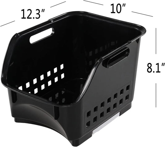 3-Pack Plastic Stacking Bins, Stackable Storage Basket, Black