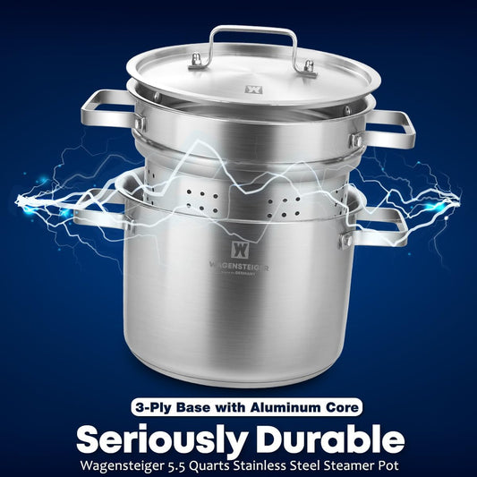 Premium Stainless Steel Asparagus Vegetable Tall Steamer Pot Spaghetti Pasta Stovetop Cooker with Removable Perforated Basket and Lid, Large Size Versatile Cookware (5.2Liters/5.5Quarts)