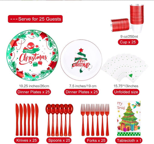 GATHER 176 Pieces of Christmas Plates - Disposable Plastic Dinnerware Set - Christmas Tree Includes 50 Plates 75 Plastic Silver Cutlery 25 Cups 25 Napkins and Tablecloths