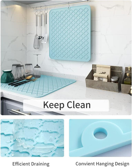 AMOAMI Dish Drying Mat,Heat-resistant,Easy Clean,Silicone Dish Drying Mats for kitchen Counter,Kitchen Gadgets Kitchen Accessories Kitchen Small Appliances (16" x 18", LIGHT BLUE)
