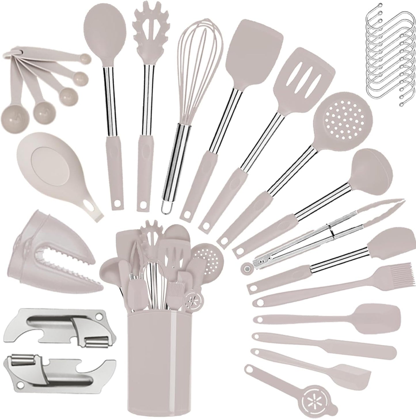 Silicone Kitchen Cooking Utensils Set with Stainless Steel Handle, Spatula Set Utensil Set, Cooking Utensil Set,Kitchen Tools Gadgets for Nonstick Cookware (35, Khaki)