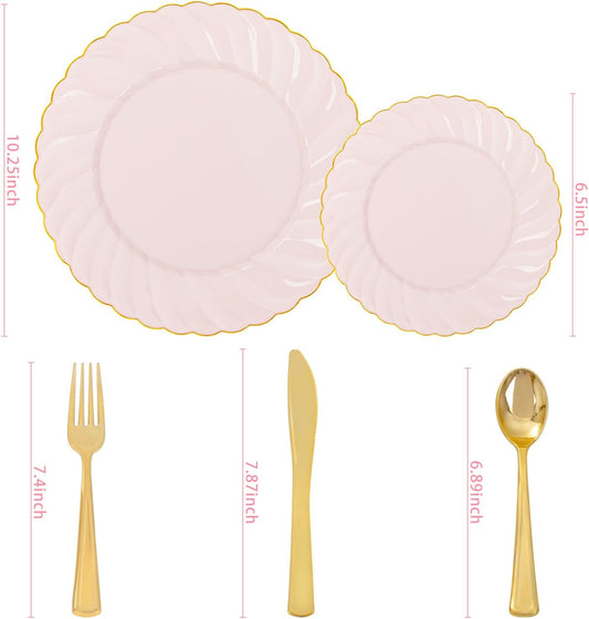 YOUBET 125Piece Pink Plastic Plates with Gold Rim – Scalloped Plastic Plates Set Includes 25 Dinner, 25 Dessert Plate, 75 Gold Silverware for 25Geusts for Wedding Birthday Parties & Baby Shower