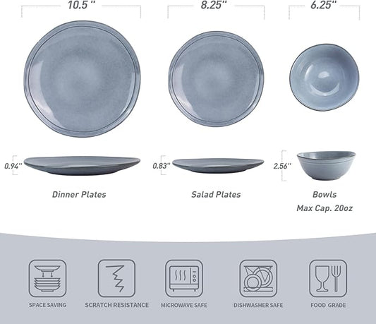 Famiware Aegean Stoneware Dinnerware Set for 8, Plates and Bowls Sets, 24 Pieces Scratch Resistant Dinner Set, Handmade Irregular Round Dishes - Microwave and Dishwasher Safe, Blue Grey
