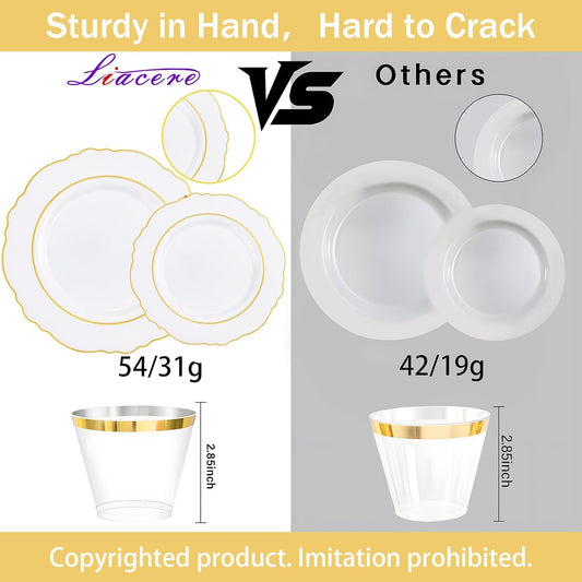 Liacere 350PCS Gold Plastic Plates-Disposable White and Gold Plates 50guest Baroque Plastic Dinnerware include 100Plates, 50Pack Pre Rolled Napkins with Silverware 50Cups for Wedding&Thanksgiving