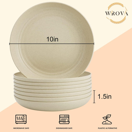 Wrova Wheat Straw Dinner Plates Set of 8 - 10 Inch Unbreakable, Dishwasher & Microwave Safe, Lightweight for Kitchen, R.V. (Beige)