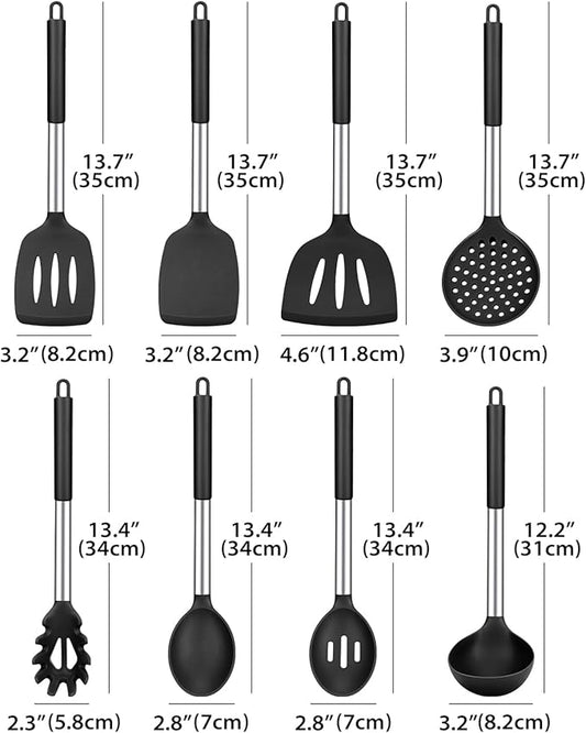 Silicone Cooking Utensil Set, 8Pcs Non-stick Cookware with Stainless Steel Handle, BPA Free Heat Resistant Kitchen Tools with Spatulas, Turners, Spoons, Skimmer and Pasta Fork