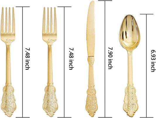 WDF 200 Pieces Gold Plastic Silverware Disposable - 50 Guests Heavy Duty Thanksgiving Gold Plastic Cutlery - Disposable Utensils Includes 100 Forks, 50 Spoons, 50 Knives Perfect for Party/Weeding