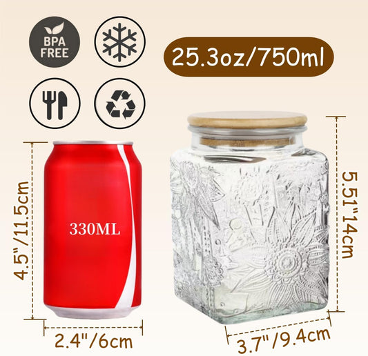 ANSQU Square Glass Jar, 25.3oz Vintage Glass Jar with Lid, Glass Food Storage Containers for Ground Coffee, Tea, Sugar, Candy, Decorative Glass Jar