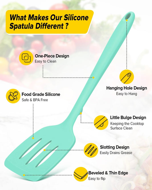 Pack of 2 Silicone Spatula Turners, Non Stick Slotted Kitchen Spatula Set, Heat Resistant BPA Free Kitchen Utensils, One-Piece Design, Suitable for Flipping Fish, Eggs, Steak, Pancakes (GREEN)