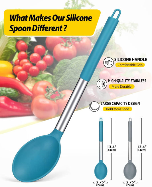 Pack of 2 Large Silicone Cooking Spoon Non Stick Solid Basting Spoons Heat-Resistant Kitchen Utensils for Mixing Serving (Gray-Blue)