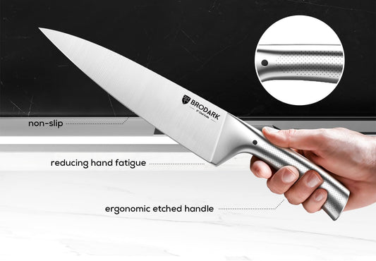 BRODARK Knife Block Set: Kitchen Knives Set with Block & Built-in Sharpener - 15 Pcs Ultra Sharp Chef knife – High Carbon Stainless Steel, Etched Handle – Ergonomic Non-Slip Grip, Silver Wolf Series