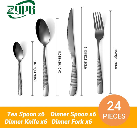 24-Piece Black Hammered Silverware Set, Food-Grade Stainless Steel Flatware Service for 6, Modern Cutlery Utensil Set with Forks Knives Spoons, Mirror Polished, Dishwasher Safe for Home Kitchen Dining