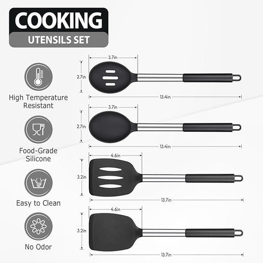 Pack of 4 Large Silicone Cooking Spatulas and Spoons, Slotted and Solid Stainless Steel Cooking Utensils Set, Non-stick Heat Resistant Kitchen for Baking, Fried, Stir-Fry, Mixing, Serving (Black)