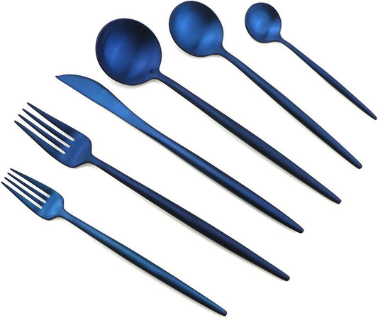 Gugrida Luxury Silverware Royal Cutlery Set - 24 Piece Flatware Set - Service For 4 18/10 Stainless Steel - Matte Blue Finish w/Drinking Straw