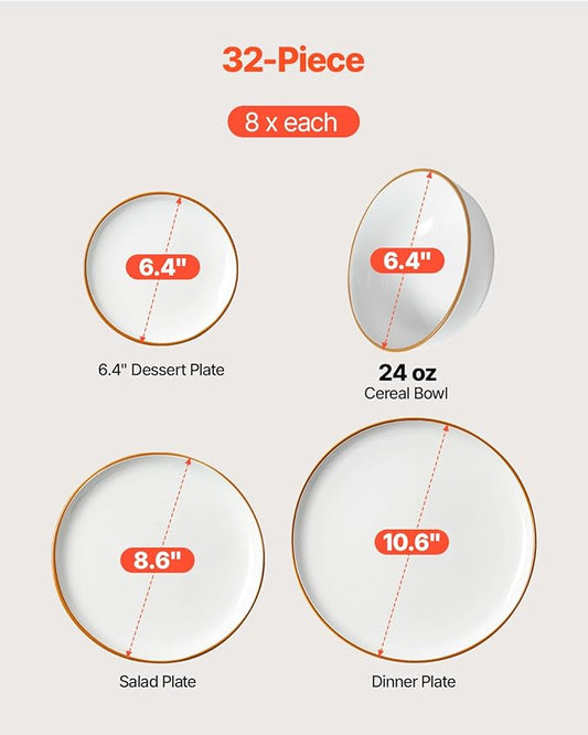 VEVOR Dinnerware Set, Service for 8 (32 PCS), Round Plates and Bowls Sets, Scratch Resistant Ceramic Dinner Ware, Dishwasher and Microwave Suitable Kitchen Dish, for Dessert Salad Soup Pasta, White