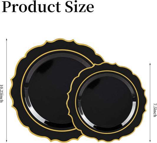 120PCS Black Plastic Plates, Disposable Elegant Party Plate with Gold Rim, Heavy Duty 60 Dinner and 60 Dessert Fancy Plates for Party and Wedding