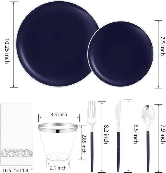 KIRE 175Pcs Blue Plastic Plates with Silver Rim & Disposable Silverware with Blue Handle & Silver-rim Cups & Hand Napkin & Plastic Dinnerware for Parties/Wedding