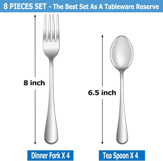 8 Pcs Forks and Spoons Silverware Set,Food Grade Stainless Steel Flatware Cutlery Set for Home,Kitchen and Restaurant,Mirror Polished,Dishwasher Safe - 4 Dinner Fork(8 inch) and 4 Teaspoon(6.5 inch)