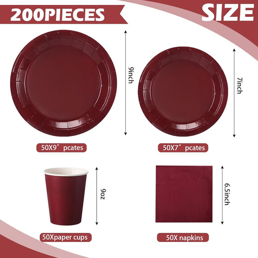 Tioncy 200 Pcs Disposable Paper Plates Cups and Napkins Party Supplies Serve 50 Guests Disposable Paper Dinnerware Set for Halloween Birthday Wedding Baby Shower Family Picnic(Burgundy)