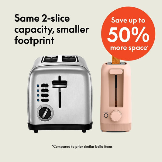 bella 2 Slice Slim Toaster, Fits-anywhere™ Kitchenware, 6 Setting Shade Control with Reheat & Cancel Buttons, Fits sourdough, 10” Long Slot, Anti Jam & Auto Shutoff, 900 Watt, Blossom