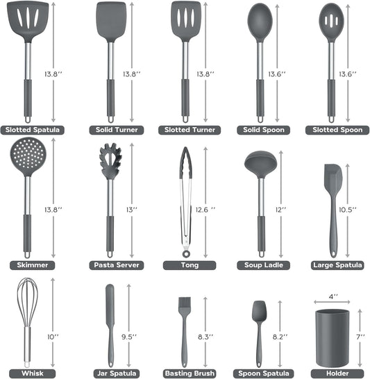 Onader Kitchen Cooking Utensils Set of 15, Silicone and Stainless Steel Utensils Spatula Set with Holder, Heat Resistant & Dishwasher Safe - Grey