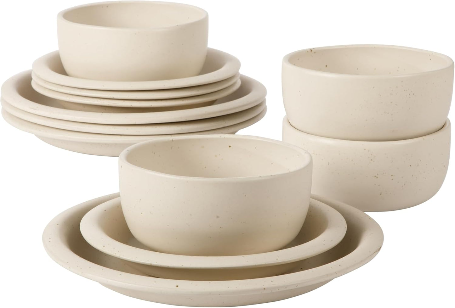 Bloomhouse Corsica Clay 12 Piece Stoneware Rustic Reactive Glaze Dinnerware Set - Stackable Plates and Bowls Set. Service for 4 - Matte Sea Salt White